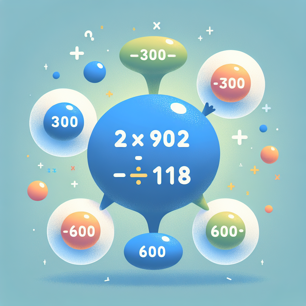 Create an engaging and educational scene that corresponds to the math question presented. The scene should include an animated equation floating in mid-air with symbols that represent -2x+902=1518. Surrounding the equation are four differently colored bubbles representing the multiple choice options: 300, -300, -600, and 600. Please make sure that the numbers in the bubbles do not have labels or numbers, to prevent the image from containing text.