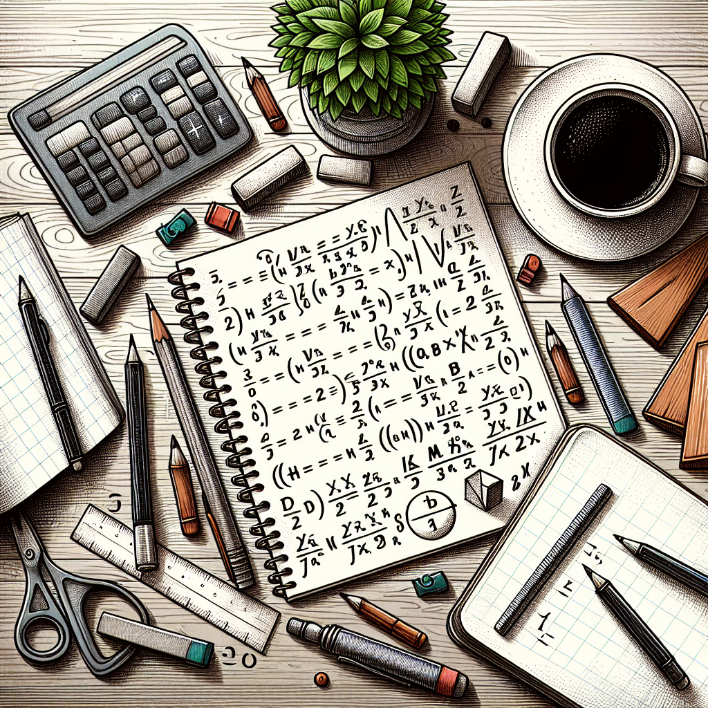 Draw an image about mathematics. Tthe scene is a wooden table, there's a white paper with mathematical equations that involve letters and numbers. There are also pencils, erasers, and a ruler scattered around the paper. A cup of coffee is near the paper and a book about algebra is also lying on the table. Surrounding all these items, decorative indoor plants, giving a peaceful studying environment.