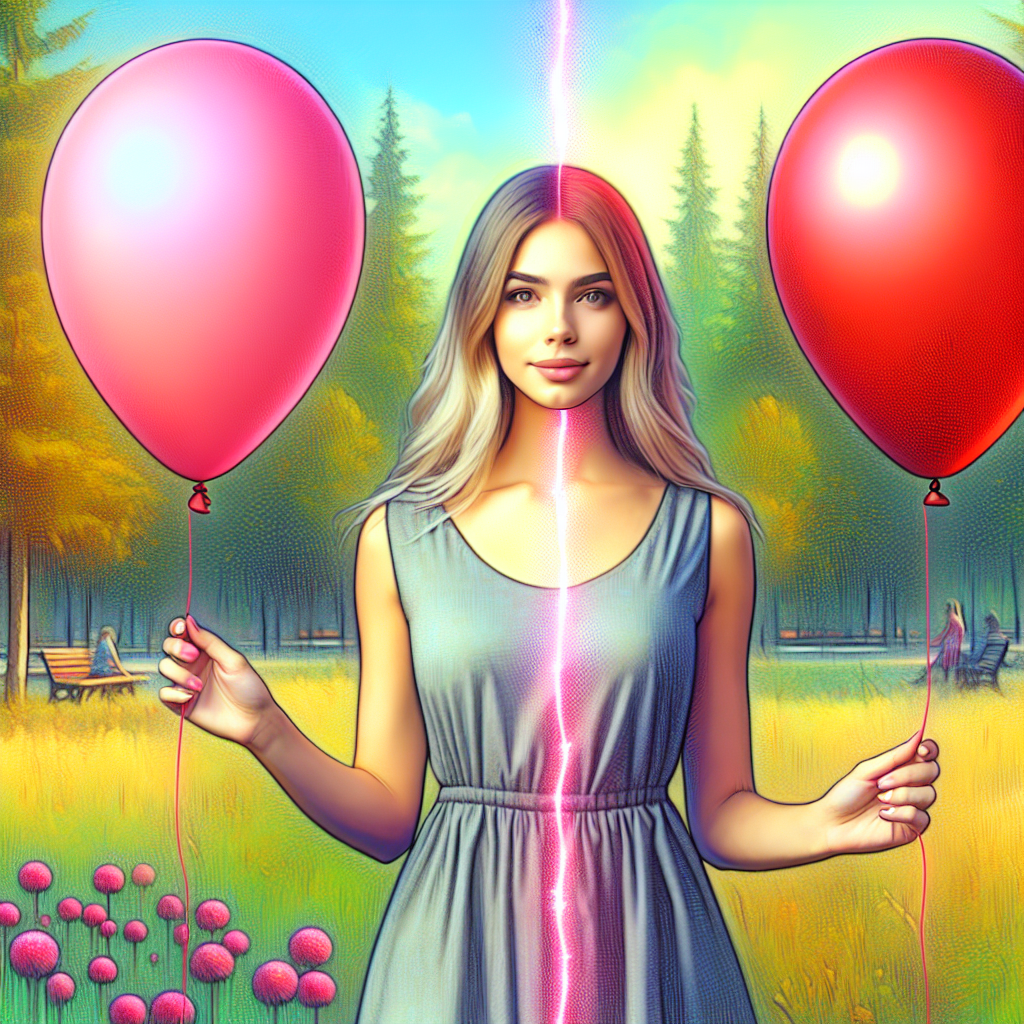 Create a detailed image of a young Caucasian woman, referred to as Janice, in a casual dress, standing in a vibrant park with a bright blue sky overhead. In each of her hands, she is holding a brightly colored balloon, perhaps in shades of pink and red. The balloons are subtly pushing away from each other, indicating a negative charge. The image should have a clear focus on the balloons interacting with each other.