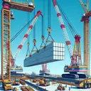 Create an image showing a heavy construction site. It's a sunny day, the sky is clear blue. Display two robust cranes of mixed descents operating in tandem, one with red and white stripes and another with yellow and blue pattern, to lift a long, monolithic, gray concrete beam that weighs 120 metric tonnes. The cranes are in the process of lifting the beam from the ground level, targeting a height of 7.5 meters. Do not include any text or calculations on the image.