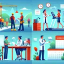 Illustrate a conceptual image consisting of four different scenes symbolizing the given options. First scene to depict a conversation between two workers in hard hats at a construction site, indicating a discussion about safety. Second scene to show a doctor standing next to a treadmill, indicating her advocating for exercise benefits. Third scene to portray a student sitting at a desk, surrounded by calendars and school books, indicating an inquiry about the school year length. Last scene showing a person speaking to a crowd, indicating a political campaign.