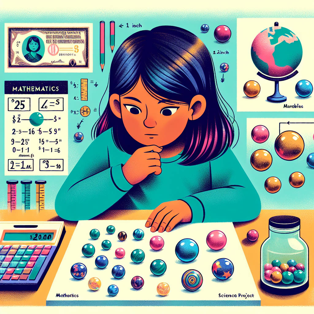 Design an appealing, colorful illustration involving mathematics and marbles to complement following context but without any text. Display a juvenile girl, Rochelle, of Hispanic descent, attentively observing various marbles of two distinct sizes: 1-inch and 2-inch. Show a small collection of 25 1-inch marbles nearby, denoting her science project. Additionally, place a few 2-inch marbles separately and a $10 note on the science table. Ensure the image sets up a mood of curiosity and learning.