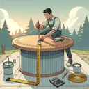 An image of a man, Asian in descent, outside painting a large cylindrical coffee table. The table stands at 3 feet tall and has a radius of 4 feet. A measuring tape lies near him giving a clear view of the dimensions. He has a paint bucket and a paintbrush, working diligently to cover the entire surface of the cylinder, including the top and bottom faces. He holds a calculator, symbolizing he is calculating the surface area for the paint. The scenery around him is serene, with trees and sunny sky. Do not include any text in the image.