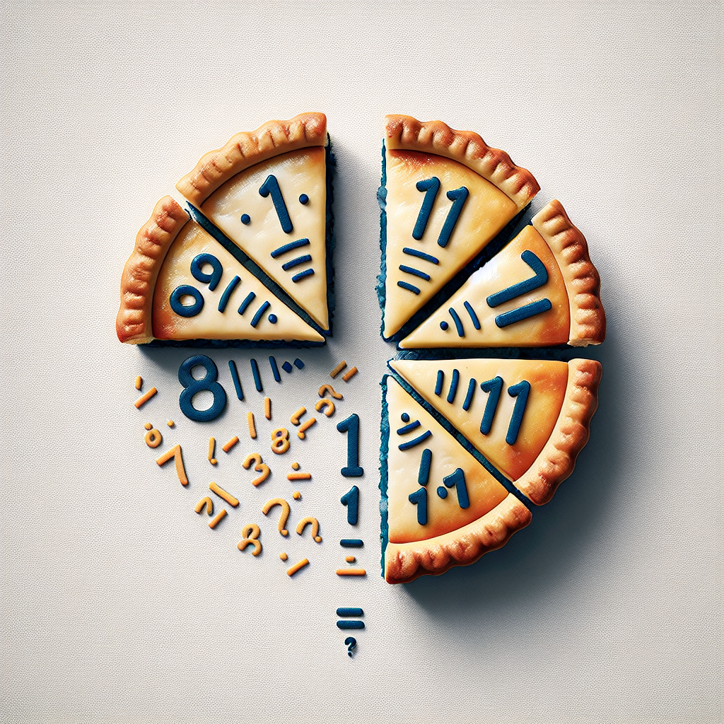 An engaging and thought-provoking image showcasing a mathematical dilemma. It features two fractions represented visually as pies divided into equal slices. The first pie is divided into 11 slices with 8 filled in to represent the fraction 8/11. The second pie, representing the fraction 1/?, is divided into an undetermined number of slices with only one slice filled in. The two pies appear to be adding together, symbolizing the addition of two fractions. However, the denominator of the second fraction is missing, implying a challenge or problem to be solved.