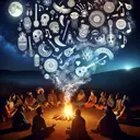 An image that visually represents the concept of a culture's oral tradition. Illustrate a diverse group of people of different genders and descents sitting in a circle by the warmth of a fire under a starlit night sky. They are sharing stories, expressed by symbolic images such as ancient artifacts, tribal masks, musical instruments, and mythological creatures being projected from their mouths blending into the smoke from the fire. The atmosphere is filled with a sense of unity, mysticism, and ancestral wisdom