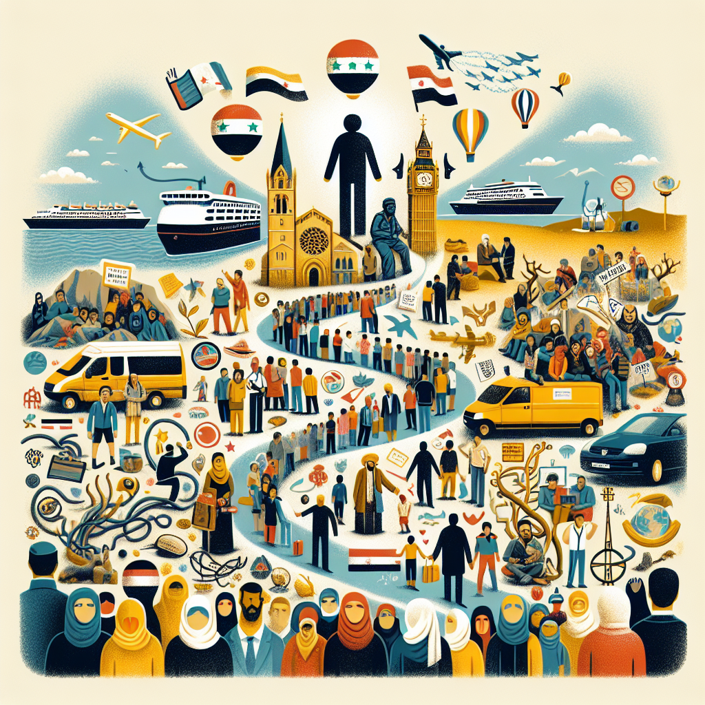 Create a thoughtful image showcasing the journey of Syrian immigrants from the Middle East to Europe between 2011 and 2019. Include representations of diverse European landscapes, symbols indicating the destinations most commonly chosen by these refugees, and elements that represent Syrian culture. Make sure to also depict the endeavors of activists, ordinary citizens, or non-specific politicians working to bridge cultural gaps. Please note that the image should not contain any text.