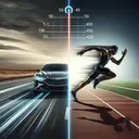 An image illustrating the concept of speed and comparison between two different entities. On one side of the image, depict a sleek, modern car on a highway, with speed lines indicating rapid movement. The car is covering a vast, open plain, representing a large distance covered in a short period. On the other side, display a sprinter in motion on a track. He is in a dynamic pose, indicating swift movement. A digital timer is ticking above him as he runs to represent that he is being timed. The concept of measurement scale could be shown via a subtle symbol or icon but ensure the image contains no text.