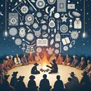 Create a visually appealing image that symbolizes the idea of an oral tradition and storytelling culture. Include elements such as people of various desents gathered around, listening attentively to an elder telling a story by a warmly lit bonfire during the night, with cultural artifacts being prominently displayed. Add stars twinkling in the night sky to convey a sense of age old wisdom and history being passed down. Remember to make sure the image contains no text.