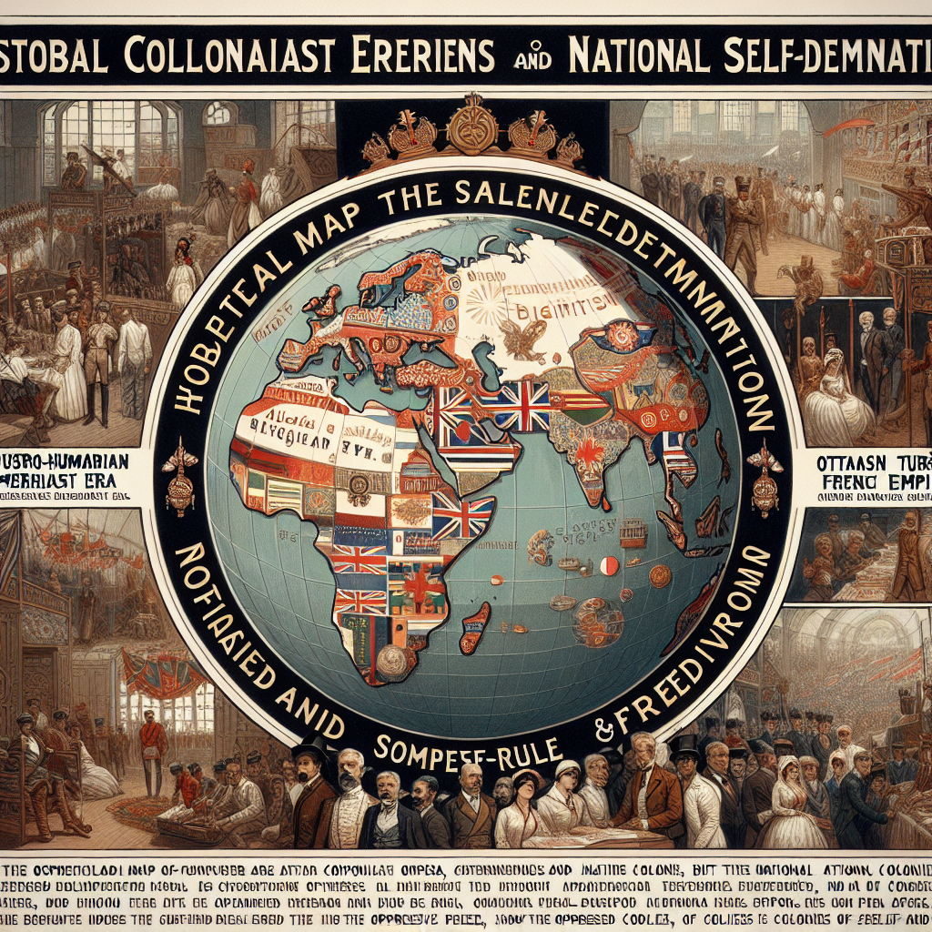 Create a visually appealing image relevant to historical colonial era intentions and national self-determination. Imprint the themes of global map during the imperialist era, symbolic representations of self-rule and freedom, but make sure the image does not contain any text. Capture the structures symbolic of Austro-Hungarian, Ottoman Turk, British, and French empires, but devoid of the likeness of any real, individual figures. Show the oppressed colonies striving for self-rule, without bias towards any specific empire's colonies over another.