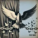 An abstract image representing the comparison of two distinct foreign policies during a time of war and post-war. Emphasize the contrast with symbols such as a dove and a hawk, to represent peace versus aggression, a drawn curtain versus an open window, to depict transparency versus secrecy, and a broken chain versus a solid chain, representing disunity and unity. The image should convey the transition from World War II into the Cold War era. It should not include any text or specific likenesses of individuals.