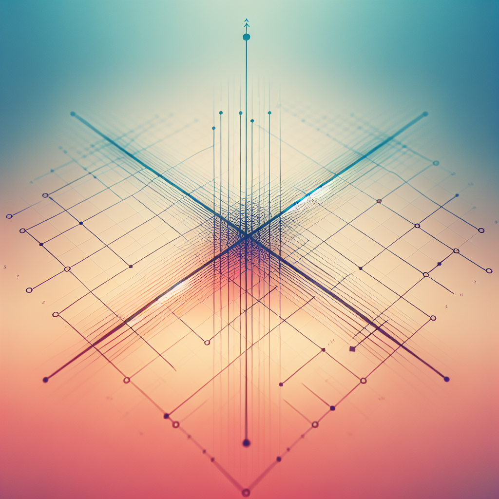 Create an abstract visualization of a Cartesian plane. In the middle of the plane, depict two straight lines intersecting each other - one extending upwards from lower left to upper right and the other extending downwards from upper left to lower right. Both lines intersect at a single point, illustrating the concept of the solution to system of linear equations. The backdrop is a gradient of soft pastel colors. Avoid including any specific numbers or text in the image.