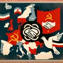 Create an appealing vintage style map of Eastern Europe with distinct boundaries drawn. Superimpose on the map symbolic elements representing four themes: a tangled knot representing difficulty in implementation, a red flag representing socialism, handshakes representing national unity, and a white dove representing peace between nations. Make sure the symbolic elements are spread equally across the region. It should be crafted with an old-world charm, capturing the spirit of the interwar period.