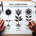 Create an image that visually represents the concept of 'skill classification' as proposed by Guthrie. Feature five distinct areas or divisions each symbolising a different skill class. Incorporate visual metaphors for ability and skill, such as a seed symbolising potential or ability, and thriving plants depicting developed skills. Use lines or arrows to show the relationships between ability and each of these five skill classes.