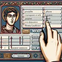 Create an image representative of an interactive learning game. The scene involves someone rearranging phrases to form answer sentences in a history-based educational game. They are engaged with the topic of the Byzantine Empire and Roman laws. Show a generic human figure, of Middle Eastern descent and presented in a gender-neutral way, using their hand (or a mouse cursor symbol) to drag and drop words or phrases into designated response areas on a virtual board. Decorate the background subtly with elements that evoke the Byzantine Empire, such as a low-key border inspired by Byzantine mosaics. Ensure that the image contains no written text.