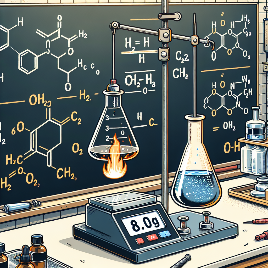 Illustrate a detailed chemistry laboratory scene. On one of the workbench is an equation representation showing the combustion reaction of methane CH4 and oxygen gas producing carbon dioxide and water. On the left-hand side of the equation, show the methane molecule, and on the right, show carbon dioxide and water molecules. Include a digital balance showing a '8.0g' readout which represents the weight of methane. Ensure the image does not include any text.