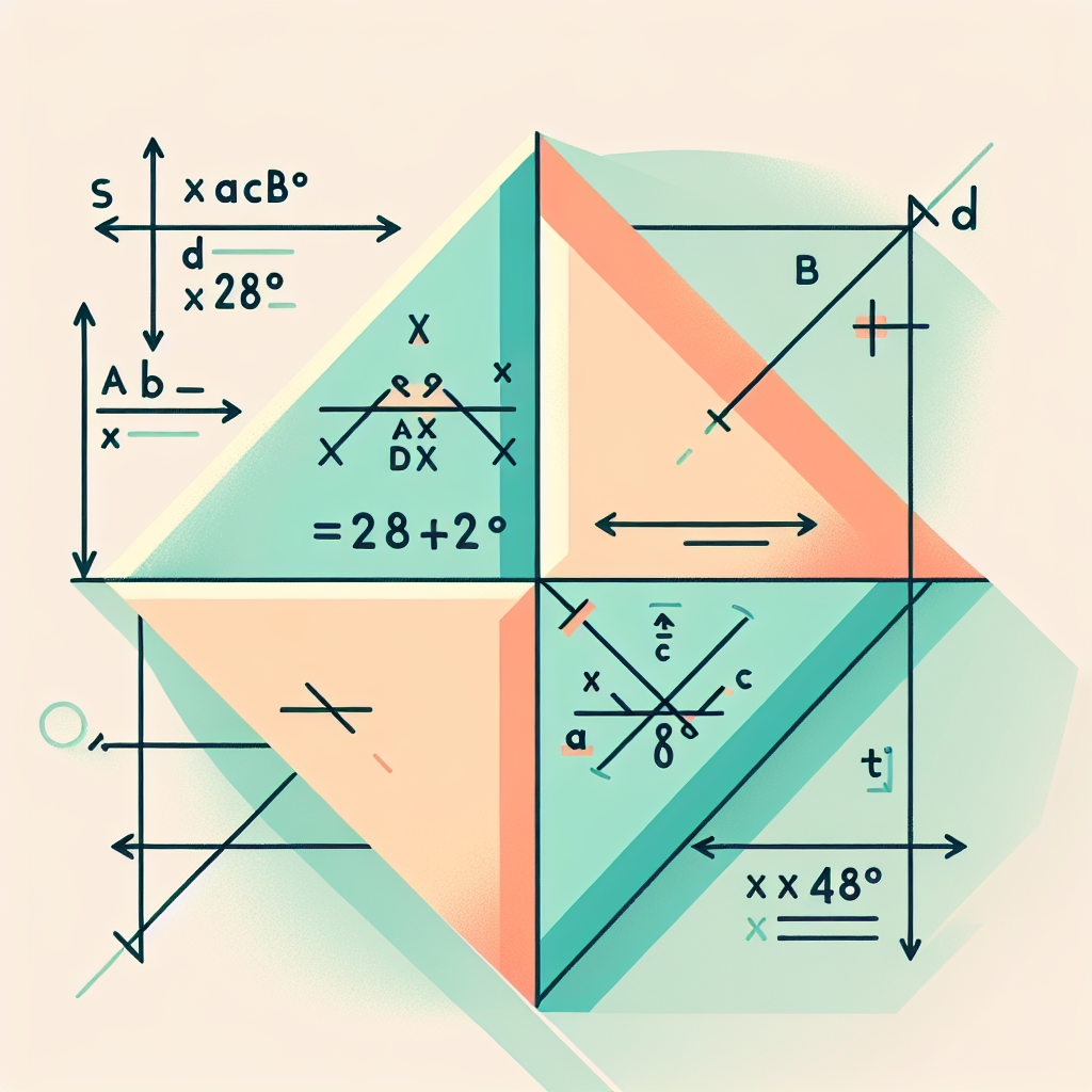 Create a clear and appealing educational image of a geometry problem, excluding any text. The image should depict two supplementary angles placed adjacent to each other. Angle ACB should be represented as a slightly larger angle, while Angle BCD should be represented as slightly smaller, in order to capture the equation ∡ACB=(x+28)° and ∡BCD=(x+48)°. The image should be simple, visually engaging and designed in a way that it clarifies the geometric problem in a visual way. The color palette should comprise soft pastels to make it soothing to the eye and easier to interpret.