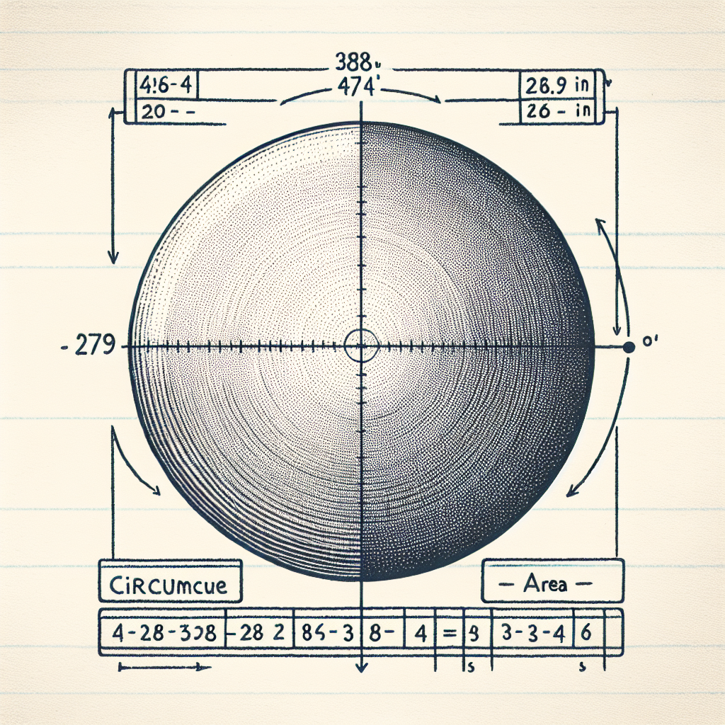 A detailed illustration of a math problem involving a circle. The circle is shown with a dotted line indicating the radius, which is labeled as 279 inches. Adjacent to the circle, a table is drawn with headers for 'Circumference' and 'Area'. Both categories in the table are empty, signifying they need to be filled. Please ensure the image has no text within it.