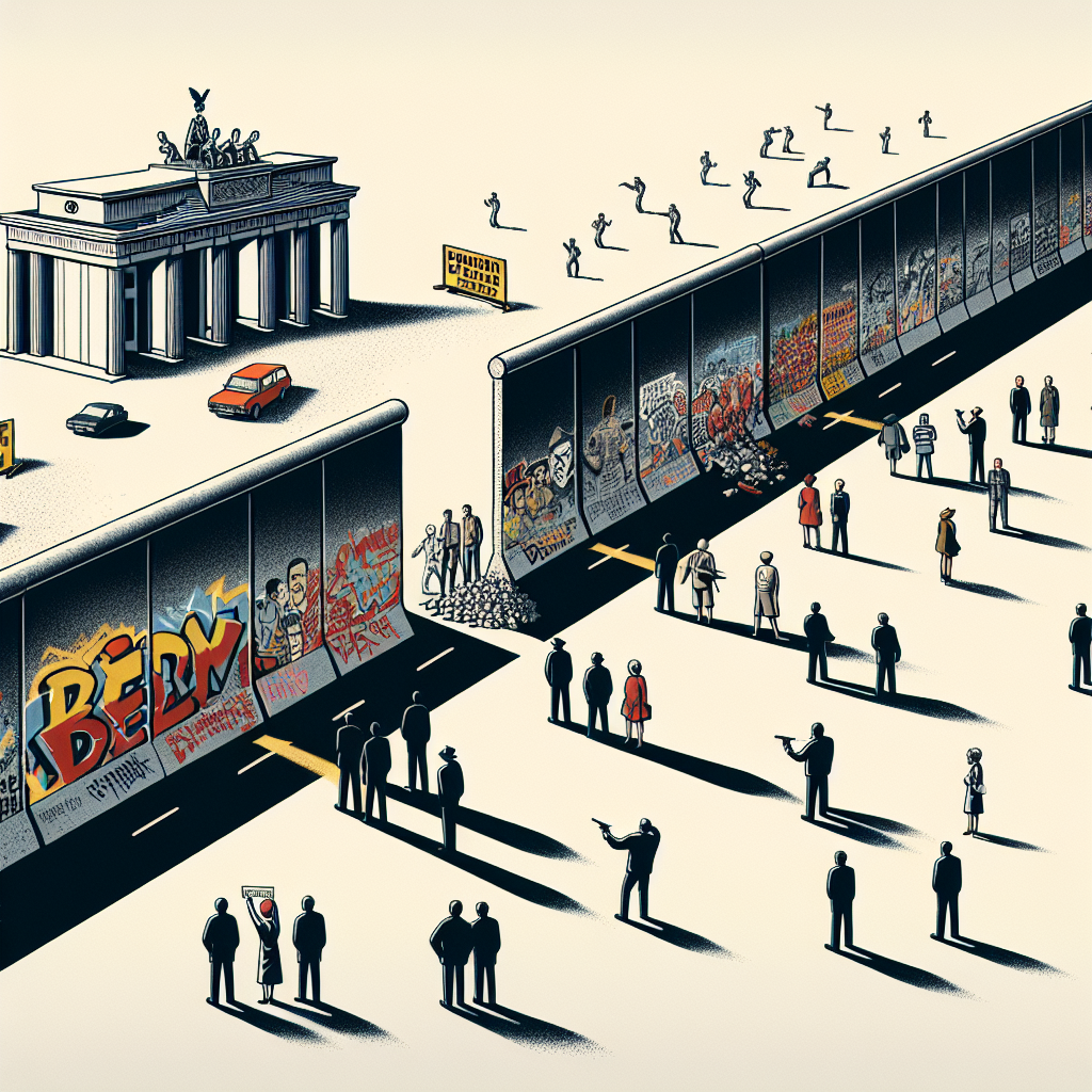 Visualize a symbolic representation of the Cold war era without any specific political figures. Display the Berlin Wall, implied by a tall concrete barrier with graffiti, indicating the division between the East and West. Also illustrate the domino effect reflecting the political changes in Eastern Europe. Without giving any focus on individuals, depict a few small human figures giving a neutral portrayal of people taking a stand. Lastly, emanate a sense of transition and movement, symbolizing historical change. The image should not contain any text.