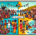 Visualize a vibrant and celebration-filled scene depicting two non-specific public holidays in South Africa. The first scene includes a gathering of people of diverse descent, such as Black, White, and South Asian, under a colourful banner with different cultural artifacts emblematic of South Africa. The second scene showcases another diverse group of people enjoying a beach outing, symbolizing the holiday spirit. Note: the image should not contain any texts.