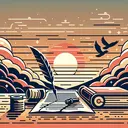 Illustrate an abstract concept of a piece of writing, signifying its ending. Use symbols such as a quill resting on an old parchment, a closed book, and a sunset in the background to denote completion. Make the scene calm and warm to emulate the appeal.