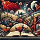 An image encapsulating significant moments in 20th century Chinese history without featuring any specific individuals or referencing any specific events directly. Illustrate abstract symbols relevant to a significant revolutionary period: a large red flag, an open book representing knowledge, a plow symbolizing agriculture, and hinting at rural origins. Also, include subtle elements indicating contact and influence with foreign nations, represented by an abstract globe and perhaps a symbol of revolution like a burning torch. The mood of the image should suggest turbulence, change, and resilience.