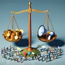 A metaphorical representation of influence of a political group on a federal court case. The image features weighted scales of justice, a symbol of a court case. On one side of the scales, depict a pile of golden coins signifying financial resources. On the other side, display a loudspeaker, symbolizing media advertisements. Right next to the scales, illustrate a group of diverse people, representing a political group, engaged in a discussion or in a demonstration. Make sure to exclude any forms of text or written language in the generated image.