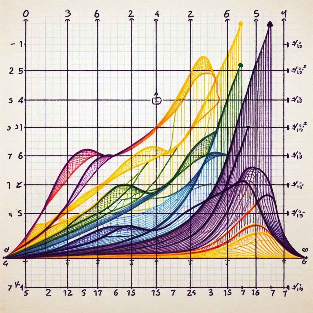 Visualize a collection of graph paper with each of the seven different linear equations drawn out. Each equation has its own color and style of line. Equation 1 is represented by a bright yellow line ascending from left to right, Equation 2 by a blue line descending, Equation 3 by a green line slightly less steep than 1, Equation 4 by an orange line parallel to the third equation's line, Equation 5 by a purple line intersecting with the others, Equation 6 by a red line moderately tilted upwards and Equation 7 by a black line going straight up. Make sure to omit any text from the image.