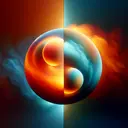 An abstract composition that visualizes the concept of balance between two entities, representing the 'self' and the 'other'. This could be shown through two equal-sized spheres, one in fiery orange and the other in calming blue, floating effortlessly in a space that is the intersection of warm and cool color gradients. The sphere on the left will be glowing with warm, intense hues of orange, red, and yellow - symbolizing 'self', and the sphere on the right will be shimmering with cool, soothing shades of blue, green, and teal - symbolizing 'other'. Each sphere is equally influencing the surrounding color space, symbolizing a balanced and considered approach towards 'ethical' definitions.