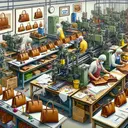 A detailed image of a leather handbag manufacturing scene with carefully lined up finished handbags on one side. The setting is within an industrial premise filled with machinery and tools for leatherwork. Workers of varying descents and genders are operating various machines and assembling handbags. One individual, with protective gear, is training workers on a new machine that they've just imported. Nearby, there's a desk with various finance-related documents scattered on it, indicative of the ongoing financial accounting and planning tasks. On the far side of the room, a closed door is labeled 'Standard Bank' giving an indication of an ongoing financial arrangement with the bank. However, remember that the image contains no texts.