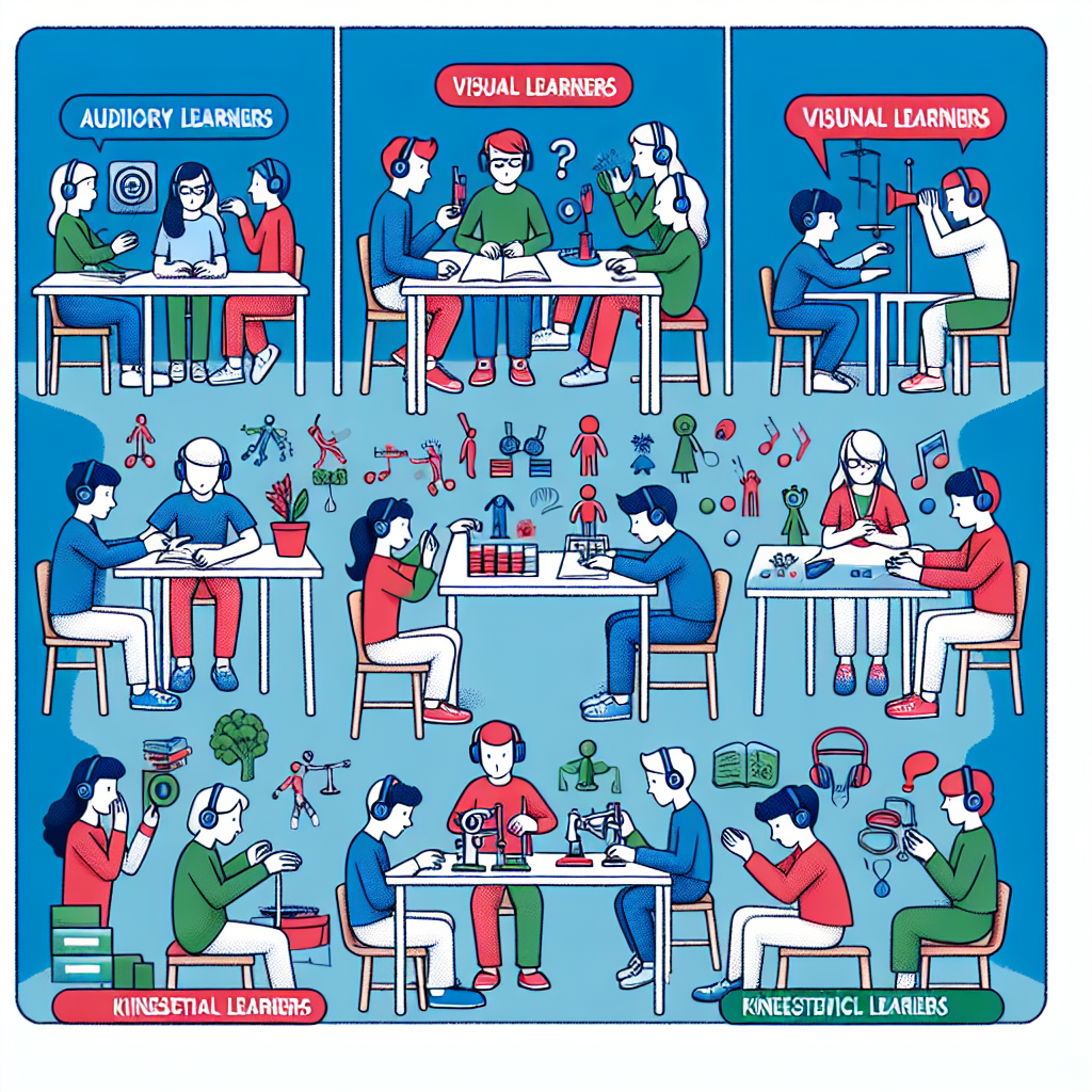 Create an image portraying students engaged in various learning styles. Include three groups of students signifying the different learning styles: 17 students absorbed in auditory activities, like listening to a podcast; 20 students focused on visual activities, like observing an experiment or art piece; and 13 students involved in kinesthetic activities, like doing hands-on experiments or building a model. Make sure the groups are subtly color-coded: auditory learners are in blue, visual learners are in red, and kinesthetic learners are in green for ease of distinction. The image should contain no text.