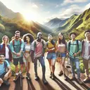 A picturesque scene featuring a group of diverse people with different descents including Black, South Asian, Hispanic, White, Middle Eastern, and Caucasian individuals. They're all engaging in hiking activities on a stunning mountain trail, surrounded by lush greenery. They are wearing hiking gear and seem to be having an enjoyable time, emphasizing the connection between hiking and mountains. There should be no text in the picture.
