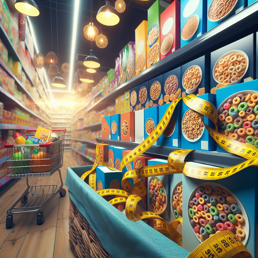 A visually appealing image of an unraveled tape measure draped over a variety of cereal boxes lined up on a supermarket shelf. The cereals boxes display a diverse range of types, sizes and colours. The surroundings suggest a typical everyday grocery store scene - bright store lights hanged from above, colourful product promotions on the surrounding shelves and a shopping cart filled with an assortment of household groceries nearby. Make sure the image contains no text.