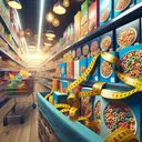 A visually appealing image of an unraveled tape measure draped over a variety of cereal boxes lined up on a supermarket shelf. The cereals boxes display a diverse range of types, sizes and colours. The surroundings suggest a typical everyday grocery store scene - bright store lights hanged from above, colourful product promotions on the surrounding shelves and a shopping cart filled with an assortment of household groceries nearby. Make sure the image contains no text.