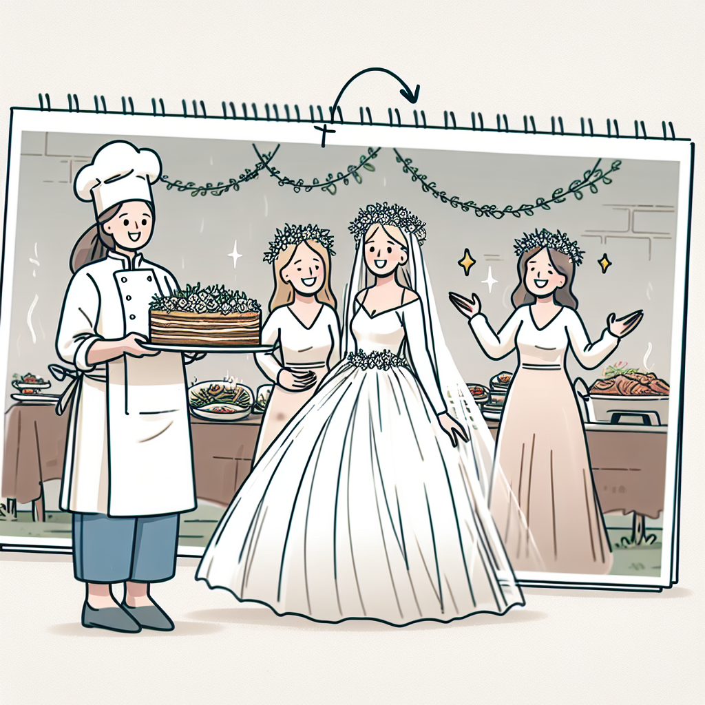 Visualize an engaging and storytelling scene where there's a person adorned in a beautiful, flowing white dress. Also, show a renowned chef from a small town, who is passionately preparing a delectable feast. Lastly, there are three women beaming with joy, representing an apparent bond of sisterhood, dressed in similar attire different from the person in the white dress. Ensure there's no textual element in the depiction, aiming to focus solely on the narrative of the illustration.