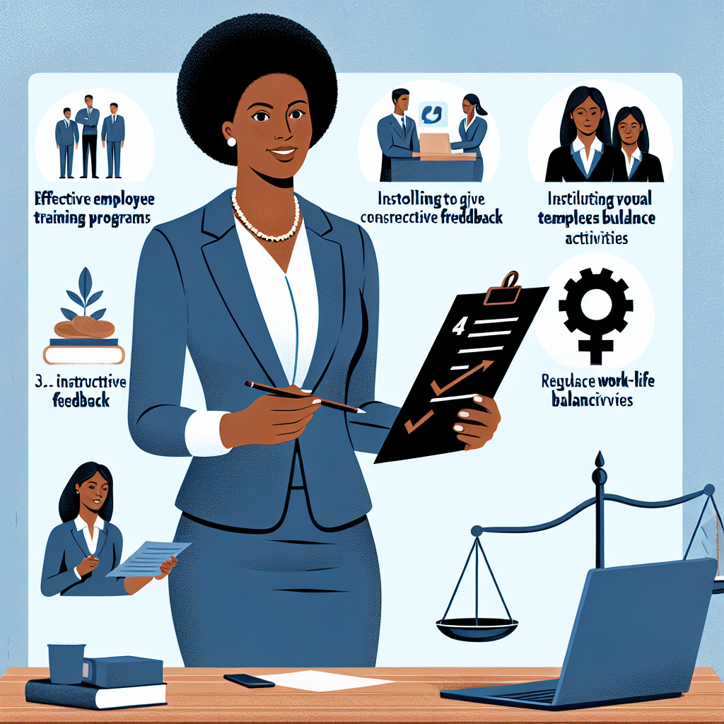Create an image illustrating four ways a chief executive officer, depicted as a middle-aged Black woman, can help improve the efficiency of her employees. Show her in a modern office environment, brainstorming ideas. 1. She is showing a plan for effective employee training programs. 2. She is outlining strategies to give constructive feedback. 3. She is instituting regular team building activities. 4. She is encouraging work-life balance initiatives, represented with a balance scale where one side holds a laptop and the other a series of recreational activities.