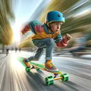 An engaging visual presentation of a young boy, of Caucasian descent, with a physical build that suggests a weight of around 35.6 kg. He dons a bright helmet for safety and rides a vibrant skateboard that weighs approximately 1.3 kg. Both the boy and the skateboard are in the midst of an action sequence, gliding dynamically along a city park pathway at what appears to be a swift speed, echoing the idea of 9.50 m/s. The surroundings in the image are blurred to emphasize the sense of motion and speed.