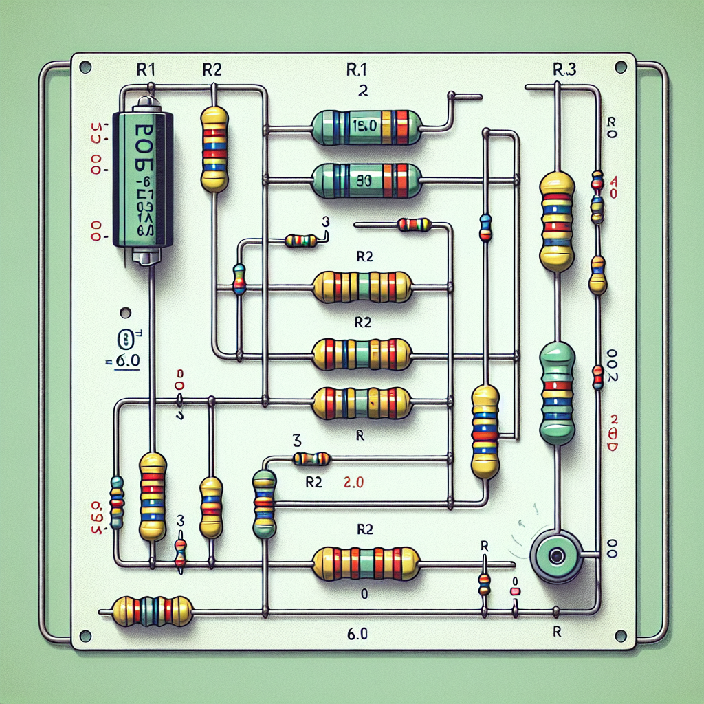 Create an image of a simple electrical circuit set up on a pale green circuit board. In this circuit, there are three resistors, named R1, R2, and R3, each designed with metallic lead and colorful rings identifying their resistance value. R1 and R2 are connected in series and have resistances of 15.0 Ohms and 9.0 Ohms, respectively, showcasing differently colored bands. Their combination forms a parallel connection with R3, which has a resistance of 8.0 Ohms. A standard 6.0-V battery is set up to the load, but there's no measuring instrument like a multimeter. Note that there should be no text in this image.