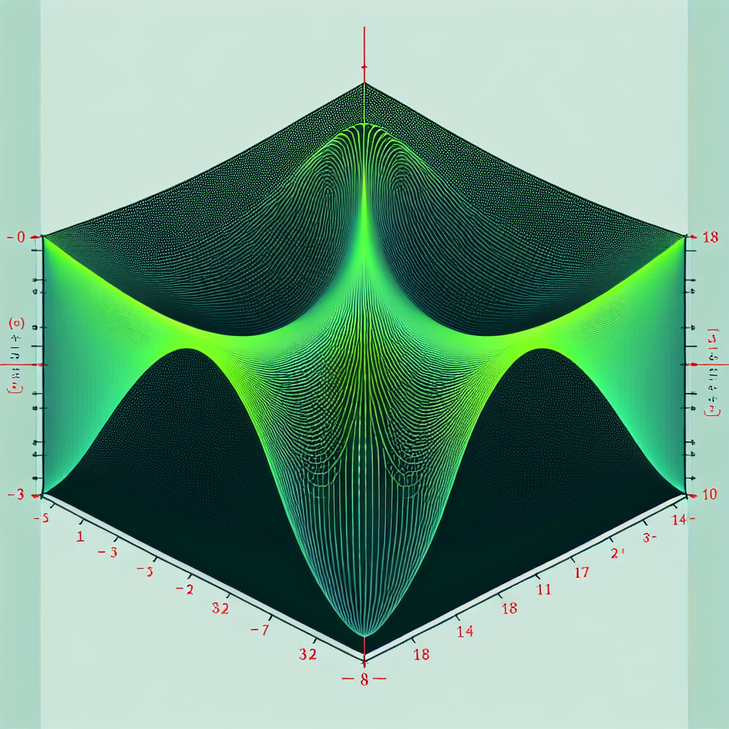 Generate an abstract mathematical image depicting the curves of a cubic function. The plot should have a green cubic function that starts off by rising before changing direction. It should increase to an imaginary point, visualized as a red dot, which corresponds to (-3,18) on the function's invisible x,y coordinate system. Then, have the function begin decreasing, until it reaches another imagined point shown as a blue dot—this corresponds to the point (1,-14). After this point, the curve should continue increasing. There should be no axis lines, labels, or text to keep the visual appeal and mystery.