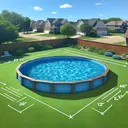 Visualize a grassy yard that's measuring 40 feet by 20 feet. In the middle of the yard, imagine a round swimming pool with a diameter of 12 feet. To provide context, add a neighborhood backdrop as well. The pool is filled with sparkling, blue water on a sunny day. There's no text in this image.