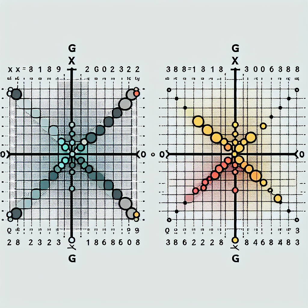 Generate an image showing a grid of a 2D cartesian coordinate system, where a point (x, y) is marked with its position. Then, the same grid is shown with the point having moved to a new position after a counterclockwise quarter-turn about the origin. Both points are distinctly color-coded to show their relation, which represent the mathematical transformation. Please ensure there is no text in the image.