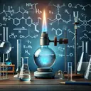 An image that represents a science laboratory setting with an array of scientific equipment like a Bunsen burner, a round bottom flask containing a clear liquid representing ethanol along with a blue flame beneath it indicating the heat application. Include additional details such as a graduated cylinder, a beaker and a thermometer. Also have a chalkboard in the back showing various molecular structures and mathematical equations, but make sure all is without text or numerical values.