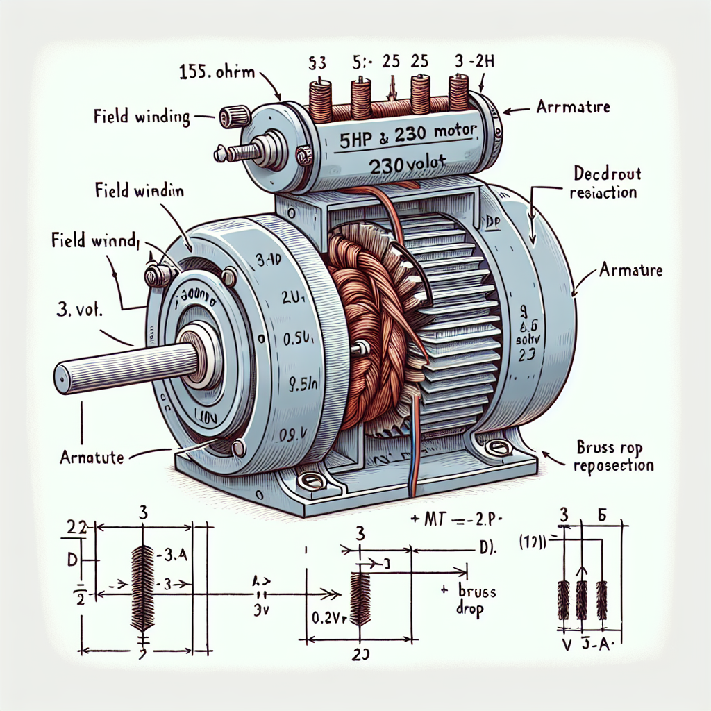 Give an illustrative diagram demonstrating the principle and operation of a 5hp 230volt shunt motor. The image should visually breakdown the components of the motor, such as the field winding with a representation of a 115ohm resistance, and the armature with a representation of a 0.25 ohm resistance. Also, denote the brush drop with a 3-volt representation. Do not include any text calculations or solutions in the image.