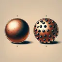 Create an illustration of two isolated spheres side by side with no labels. Sphere A should be copper-colored with a non-uniform distribution of negative charge symbolized by 9 noticeable dark spots scattered randomly over its surface and one less noticeable faded spot. Sphere B should be made of rubber and visibly different from sphere A. This sphere should have 10 dark spots, but they are organized in a structured way, not scattered all over. The spheres should be set against a neutral background. Please keep in mind that the image should not contain any text.