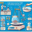 Create an image related to chemistry. Depict the scenario where a sample of hydrate of CuSO4, initially weighing 250 grams, being heated until all the water disappears. Show the process of the water evaporating and visualize a lab setting with a balance scale and the remaining sample, now weighs just 160 grams. Include a compound of CuSO4 and water molecules but do not depict the potential formulas for the hydrate.