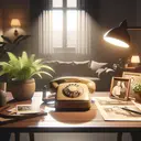 Visualize a traditional landline telephone set placed on a wooden table within a cozy domestic setting. Around the telephone, include elements suggestive of a residence, such as a lamp, a family photograph, and a houseplant. The room should be softly lit to create a warm ambiance. Remember, do not include any text in the image.