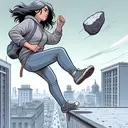 Illustrate a young Hispanic female student standing on the edge of a 50-meter high building's roof. She's wearing typical student attire – jeans and a hoodie. She's about to kick a stone with her right foot. The stone is in mid-air, moving with a horizontal speed. Surrounding the student is an urban landscape with other buildings but retain focus on the building where the student stands. Ensure there is no text in the image.