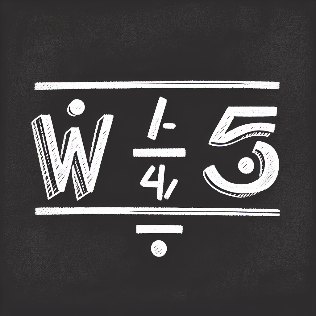 A simple, visually appealing illustration of a maths equation concept with chalkboard background. Especially, the idea of subtracting a variable 'w' from the number 6 resulting in a number 1 4/5. The drawing might include recognizable mathematical symbols such as equal sign, subtraction sign, and division line for fraction, ensuring to exclude any text or numbers.