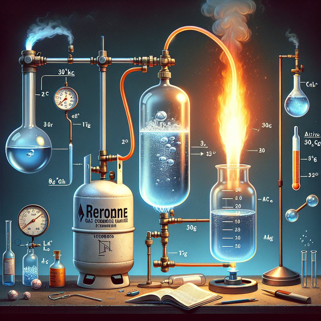 An image depicting the process of a chemical experiment related to combustion, featuring a propane gas cylinder and a container of water. The propane cylinder is connected via a tube leading to a burner, which is lit with a bright flame. Nearby is a volumetric flask filled with air representing the volume of air at 30 degrees Celsius and 1 atm pressure. Next, there's an 8kg container of water warming due to the heat transferred from burning the propane. Scientific apparatus such as thermometer and pressure gauge are present to depict the conditions mentioned in the problem.