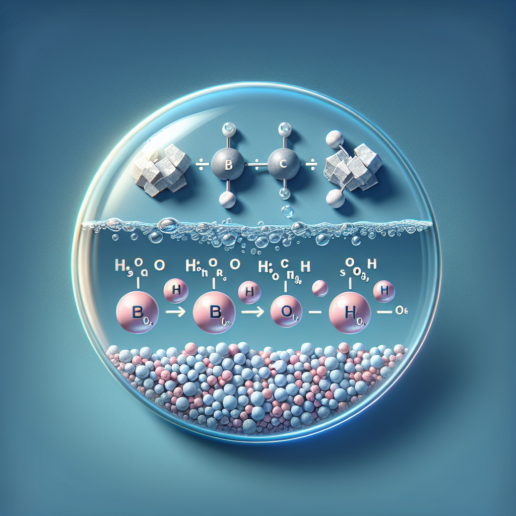 Visualize an image compliant with a chemistry problem context. It would include separate components that symbolize solubility, calcium and hydroxide ions. The calcium is represented by a small light gray pieces of metal on a blue-gray background. Next to it, depict water droplets to symbolize its solubility. For the hydroxide ions, show small spheres, half of which are pink to represent oxygen, and half green to represent hydrogen. To keep any readings from any text parts, all these elements are arranged without showing any textual information.