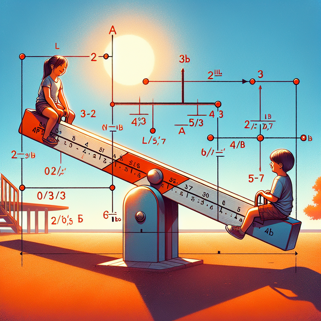 Visual depiction of a seesaw on a playground. The seesaw is set on a coordinate plane, with points A(2,3) and B(12,7) respectively representing two locations. A child of Hispanic descent weighing 30lbs is sitting at position A, while another child of Caucasian descent weighing 50lbs is sitting at position B. The design highlights the equilibrium achieved when the fulcrum point lies along the AB line segment, which is established by the balance condition AP/PB = 5/3. A sunny day with clear sky adds a warm atmospheric background.